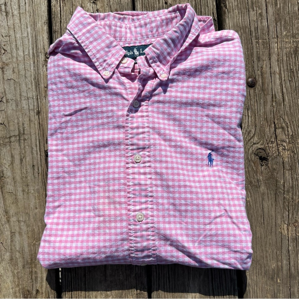 Mens Polo by Ralph Lauren Pink White Gingham Short Sleeve Blue Pony custom fit